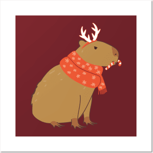 Christmas capybara with candy cane Posters and Art